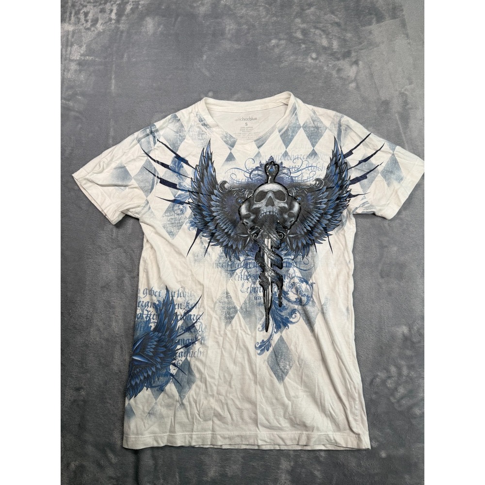 Anchor Blue T-Shirt Men's Small White Cotton Skull Dagger Emblem Argyle Pullover